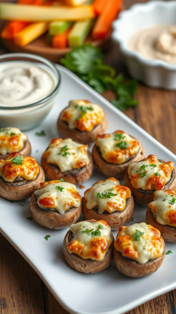 Stuffed mushrooms topped with cheese and herbs on a rustic plate.